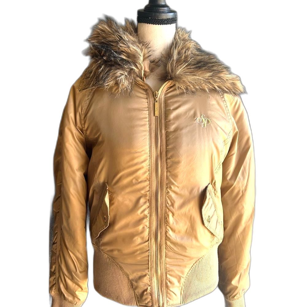 South Pole woman’s khaki bomber jacket faux  fur collar lined  NWT size  large